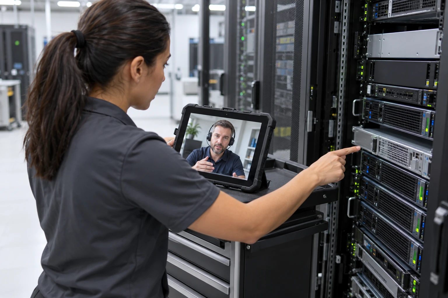 Generated illustrative scene of on-site technical assistance coordinated by video call.