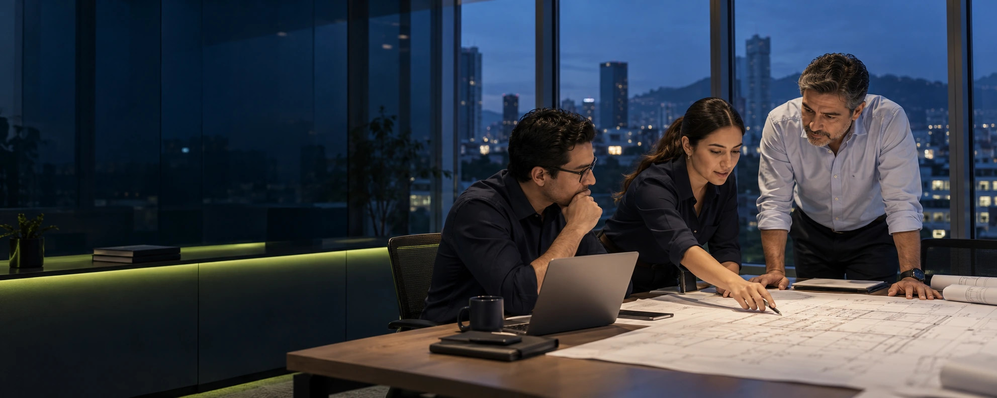 An illustrative scene of three professionals reviewing plans and a laptop