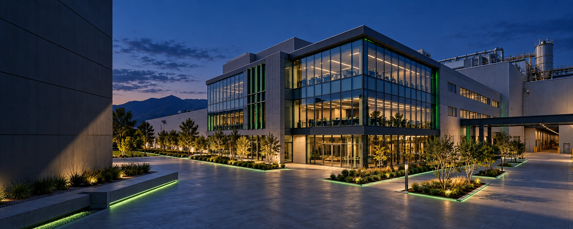 Business campus at dusk with blue and green lighting; illustrative image
