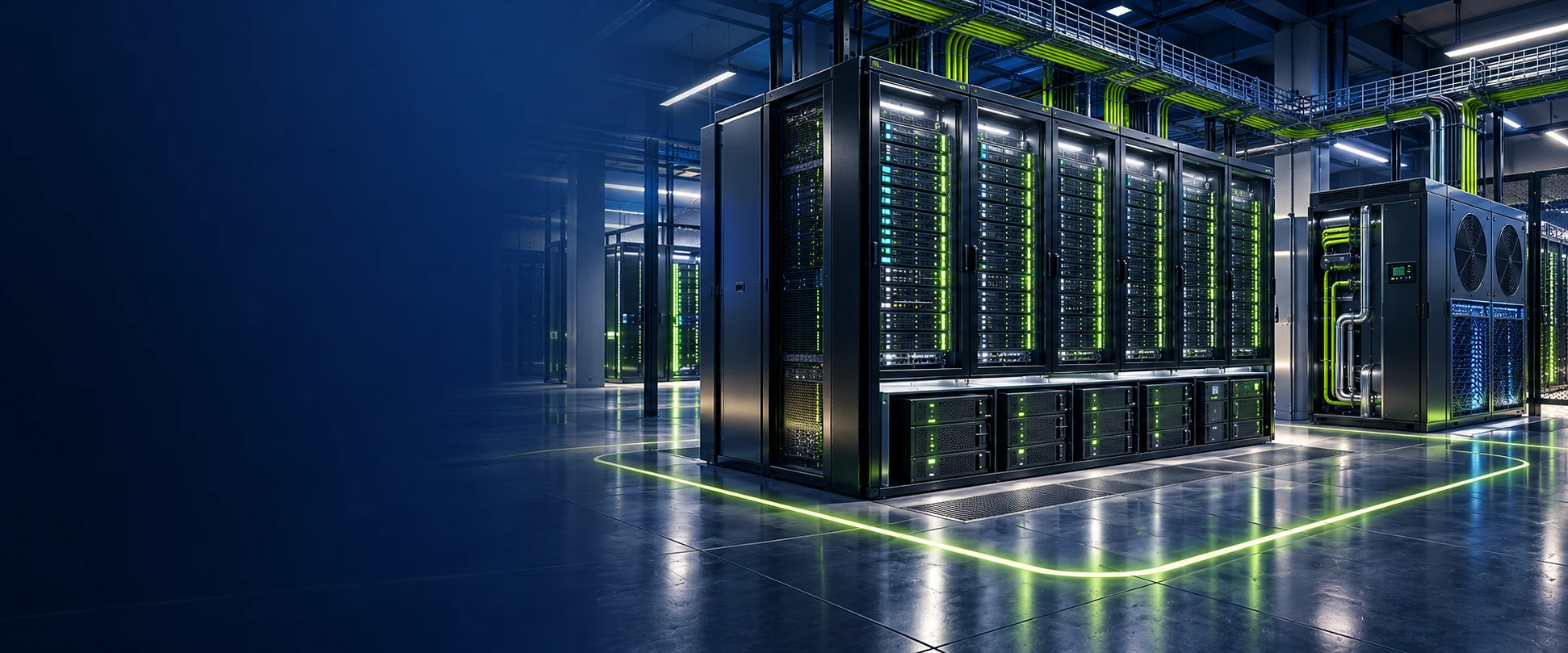 Illustrative image of racks, network connections, power and cooling integrated in a data center.