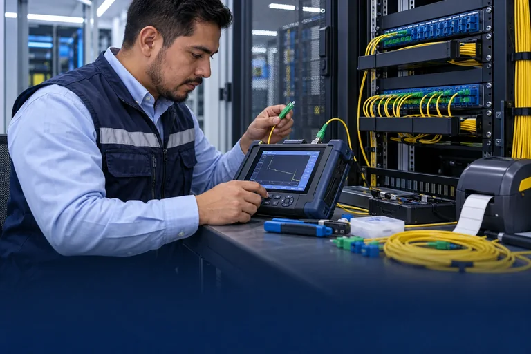 A person checks test equipment connected to optical fiber in front of patch panels.