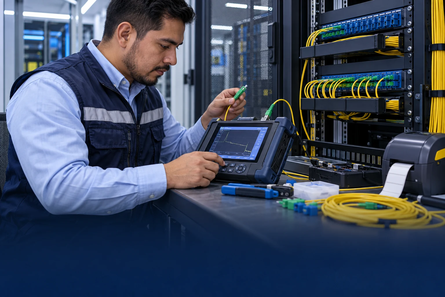 Una persona revisa un equipo de prueba conectado a fibra óptica frente a paneles de conexiones.