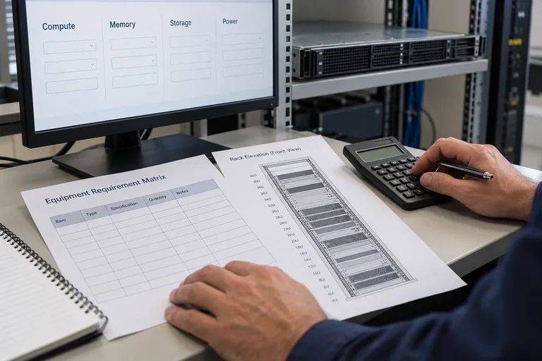 A person uses a calculator beside an equipment matrix, a rack diagram and a capacity-requirements screen.