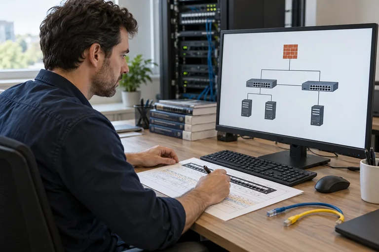 A person reviews a network diagram on a screen and takes notes on an equipment drawing.
