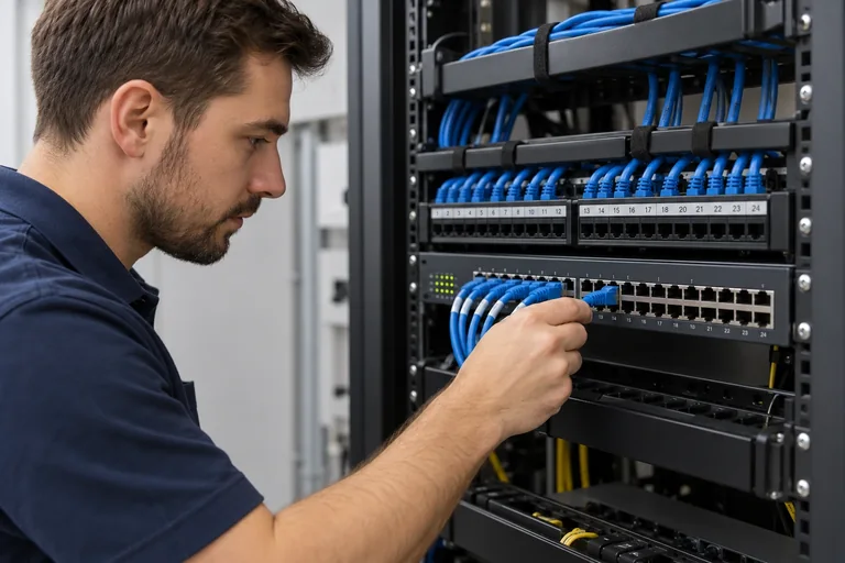 A person connects a blue network cable to a rack-mounted switch.