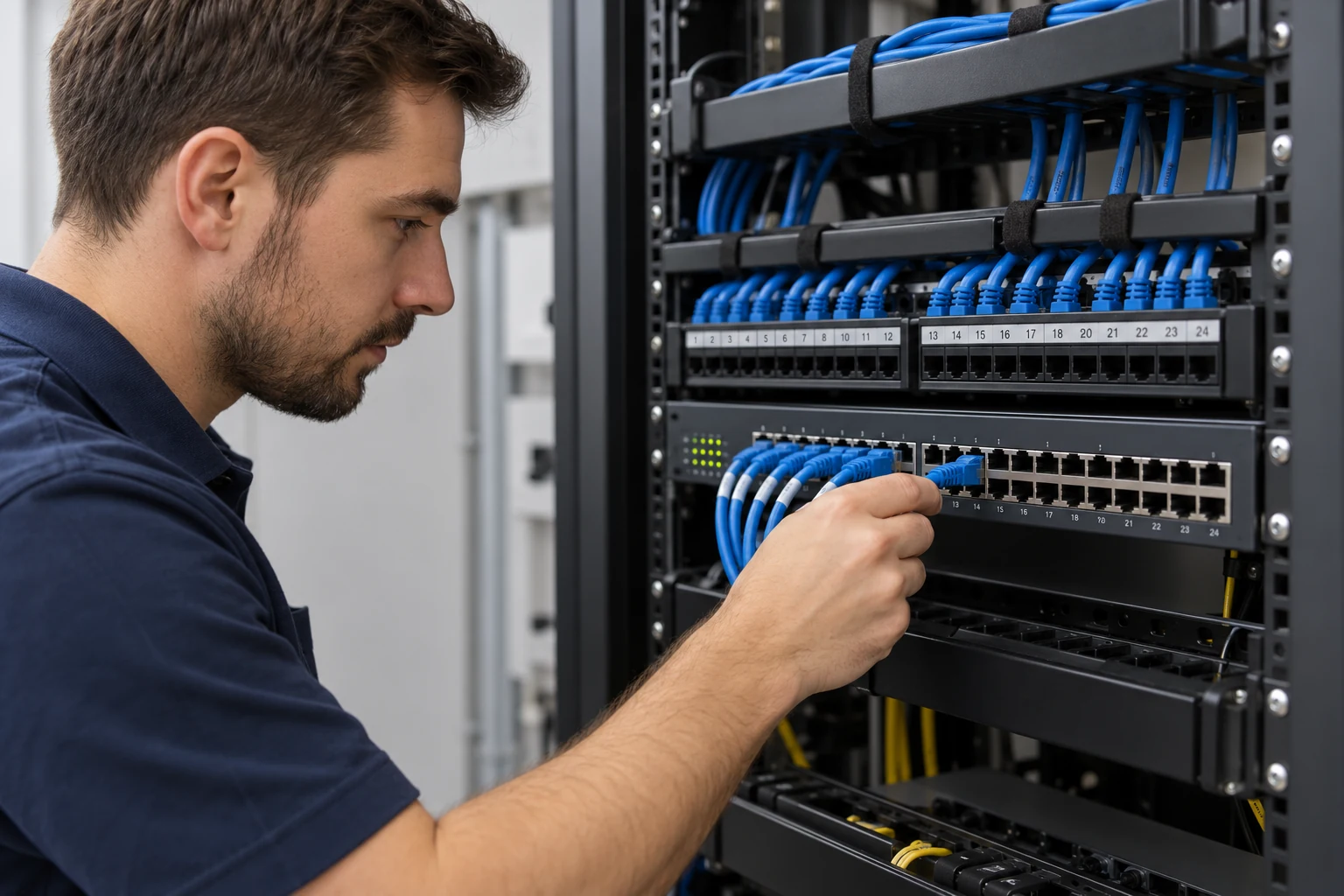 Una persona conecta un cable de red azul a un switch instalado en un rack.