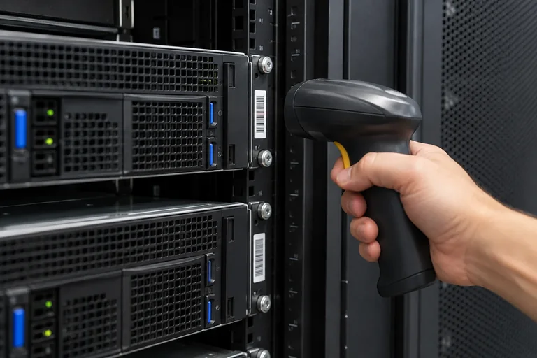 Barcode reader in front of an inventory label on a server.