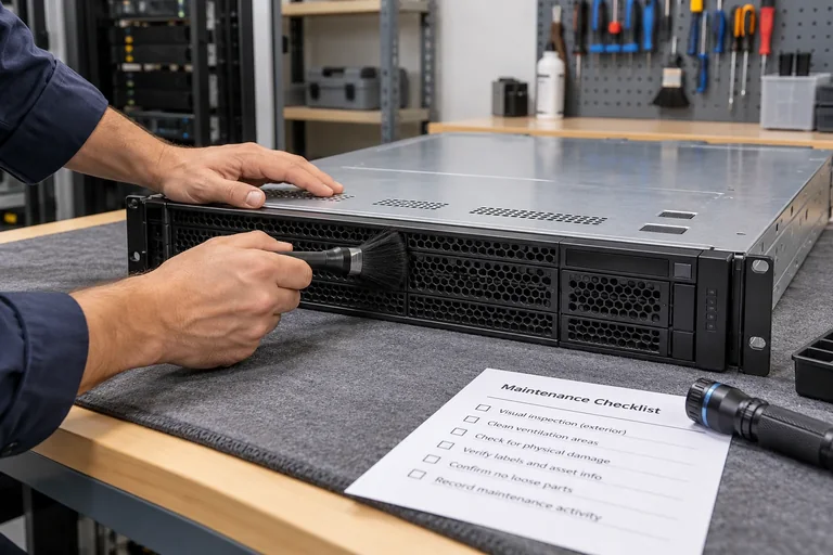 Hands brush the exterior grille of a closed server beside a maintenance checklist.