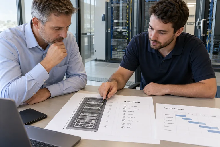 Two people review a printed rack diagram and timeline on a table.