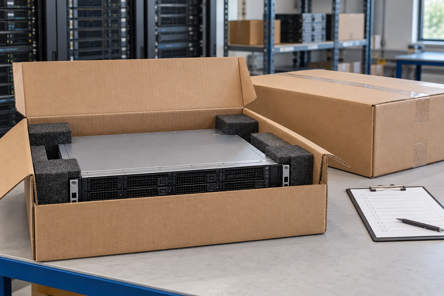 Servidor de rack protegido en una caja junto a una lista de inventario.