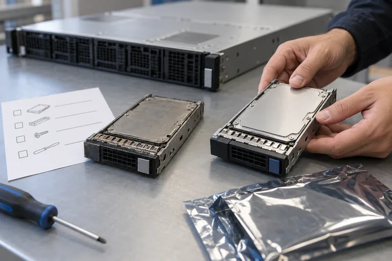 A person holds a drive in a tray beside another drive, a server and a protective bag.