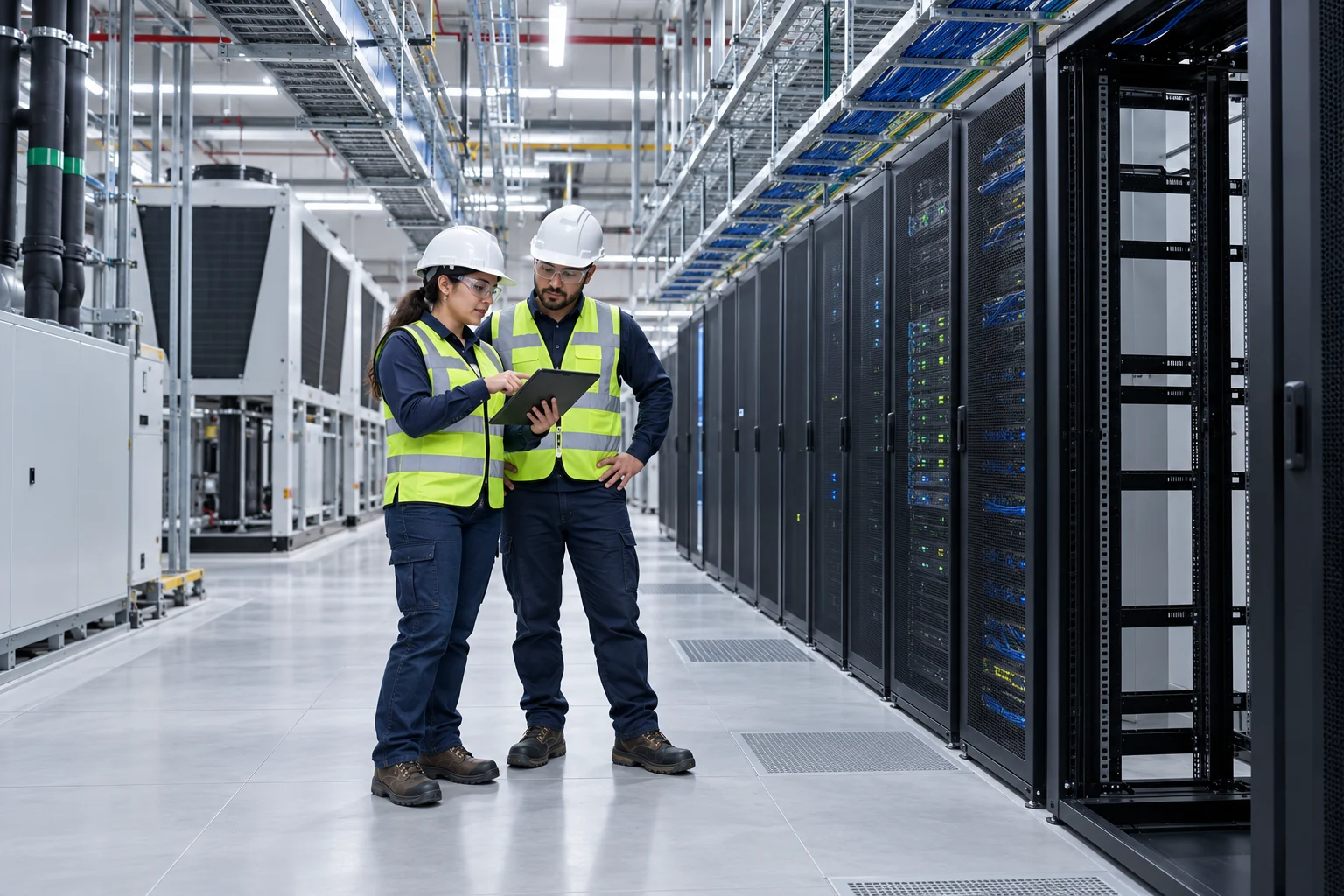 AI-generated illustrative scene of professionals coordinating interior data center construction.