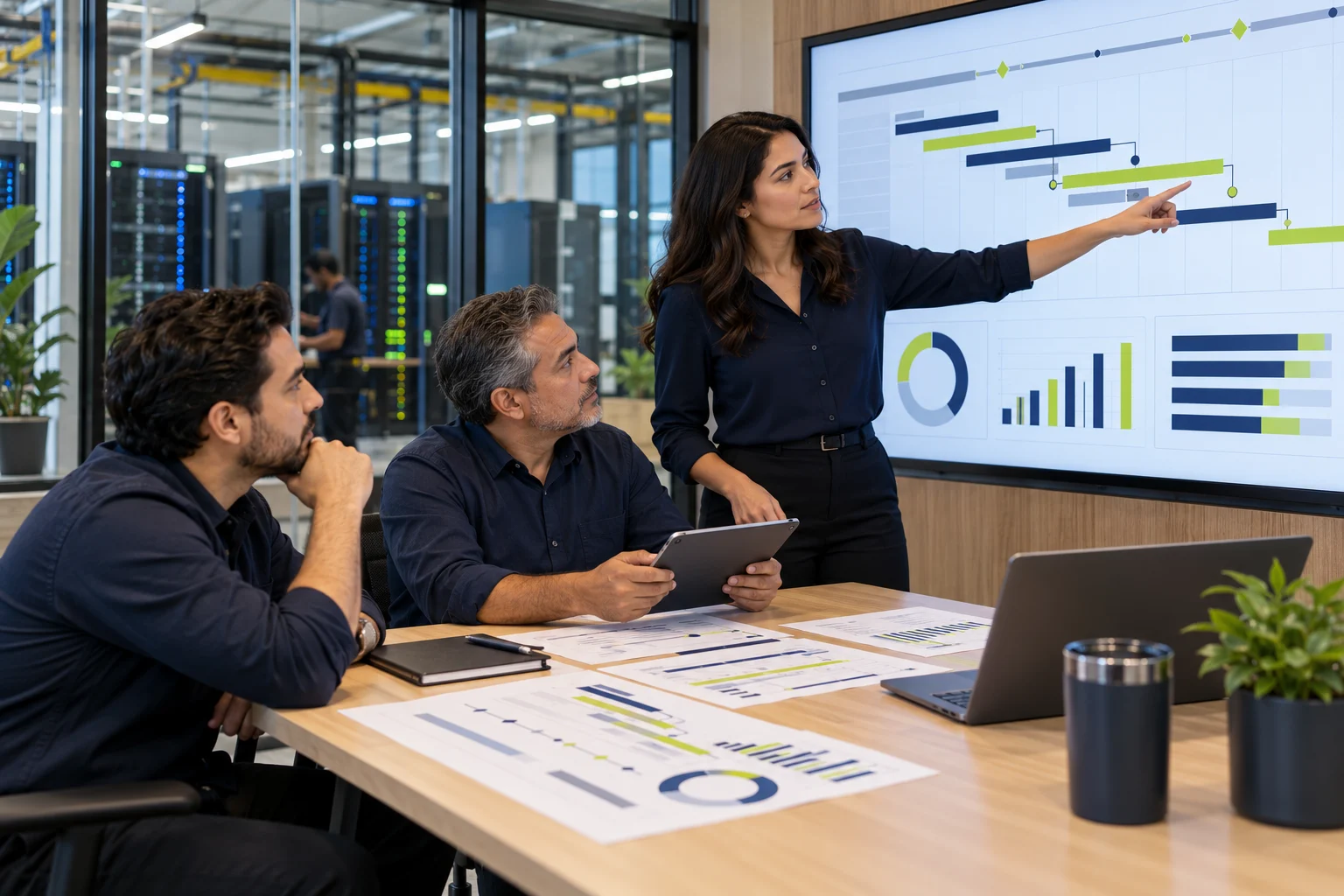 AI-generated illustrative scene of a technical team reviewing drawings and the sequence of an infrastructure project.